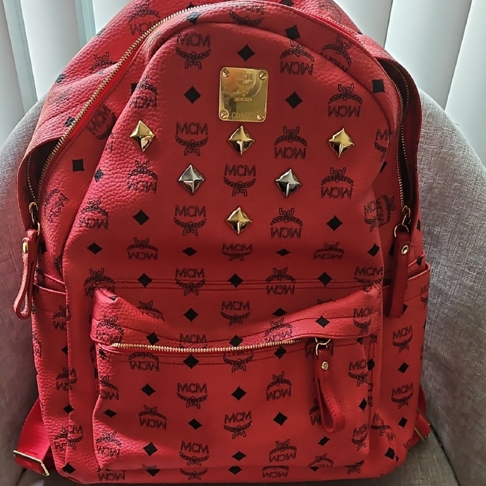 MCM Red Backpack with Gold Accents